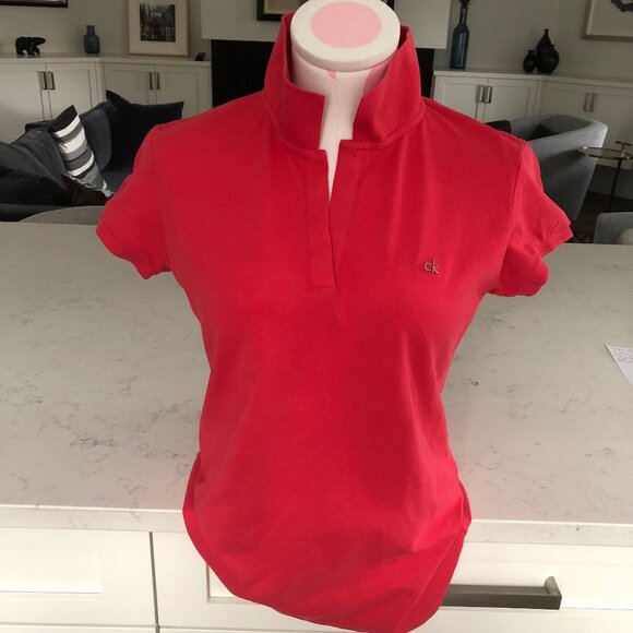 Calvin Klein Casual Cap Sleeve V Neck Cotton w Spandex Polo Shirt Coral Sz M - Picture 1 of 15
